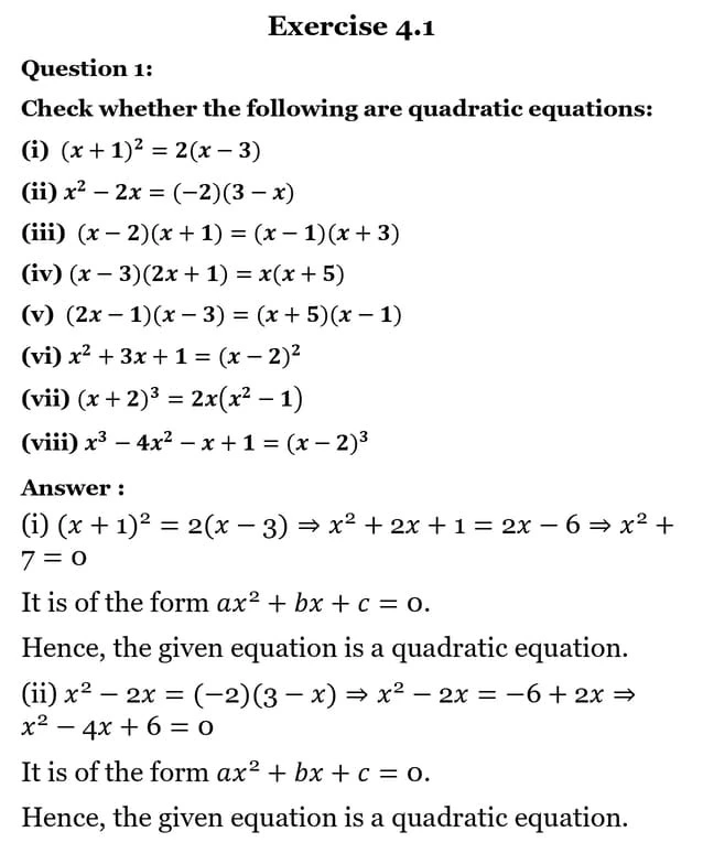 class 10th maths Quadratic Equations chapter 4 solution1