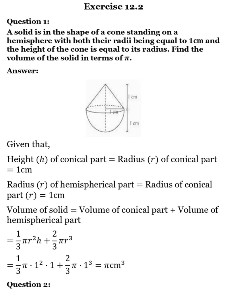 class 10th maths Surface Areas and Volumes chapter 12 solution12