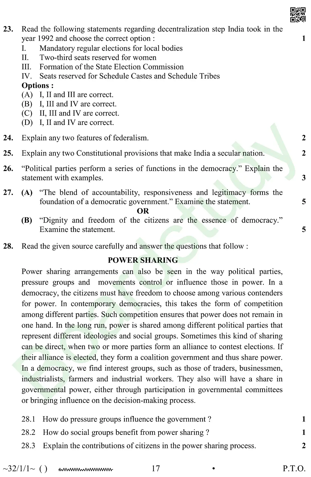 CBSE Class 10 Social Science PYQ 2026 set 1 questions page 0017